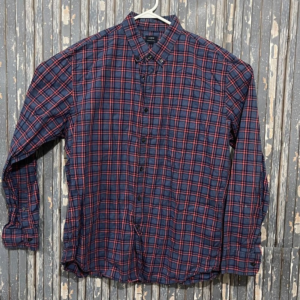 J Crew Heathered Plaid Long Sleeve Button Up Blue Cotton Shirt Mens XL